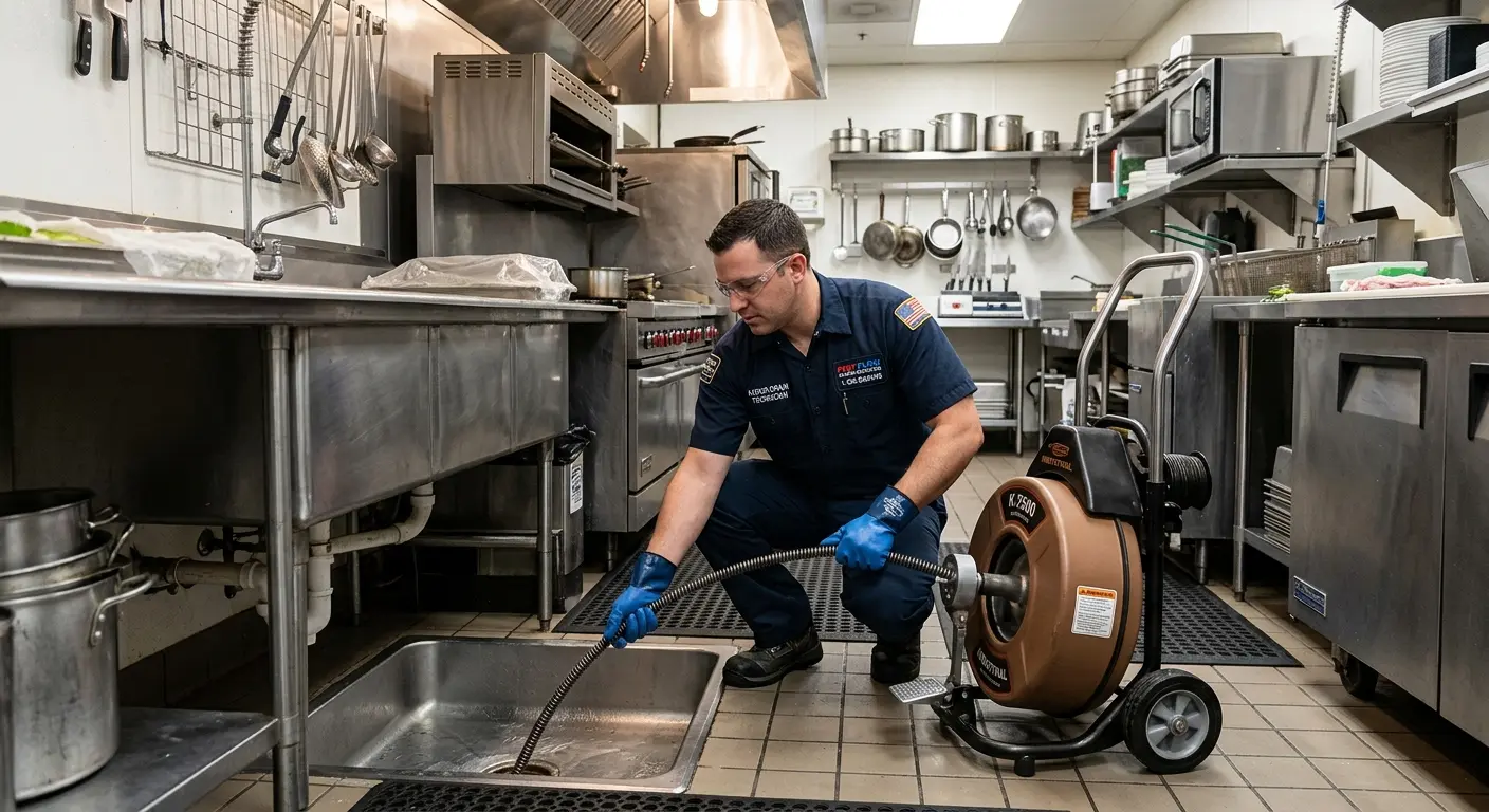 Commercial drain cleaning service in a restaurant kitchen in Lockport