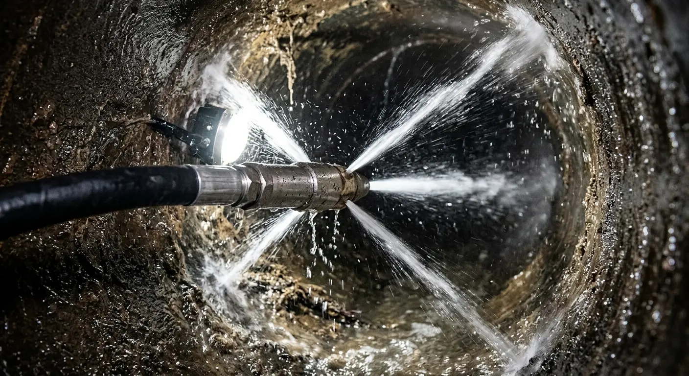 High-pressure hydro jetting nozzle cleaning sewer pipe for Trenchless Sewer Repair in Lockport