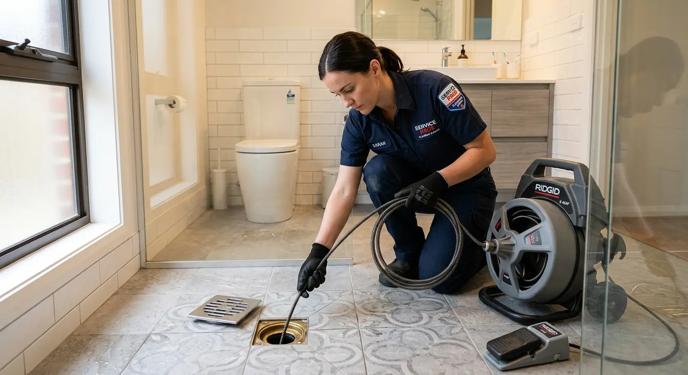 Technician clearing a bathroom floor drain for Sewer Line Installation in Lockport